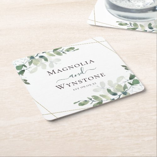 Eucalyptus Greenery Wedding Square Paper Coaster