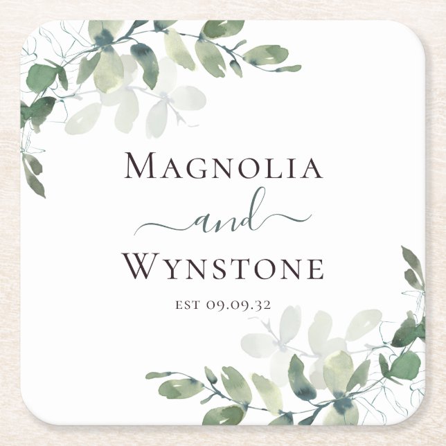 Eucalyptus Greenery Wedding  Square Paper Coaster (Front)