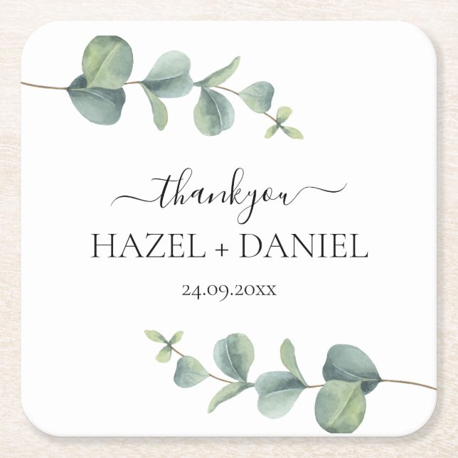 Eucalyptus Greenery Wedding Thank You  Square Paper Coaster