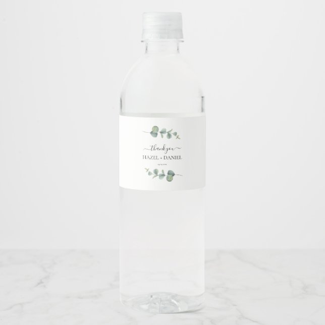 Eucalyptus Greenery Wedding Thank You  Water Bottle Label (Front)