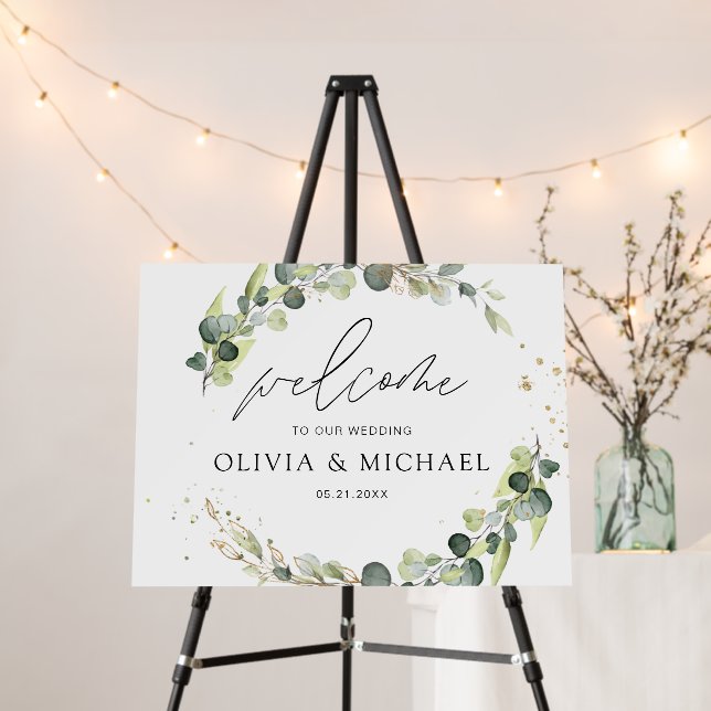 Eucalyptus Greenery Wedding Welcome Elegant Script Foam Board (In Situ (Stand))