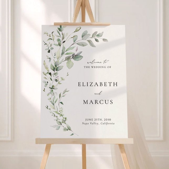 Eucalyptus Greenery Wedding Welcome Sign (Sage eucalyptus greenery wedding welcome sign with minimalist typography on a white easel)