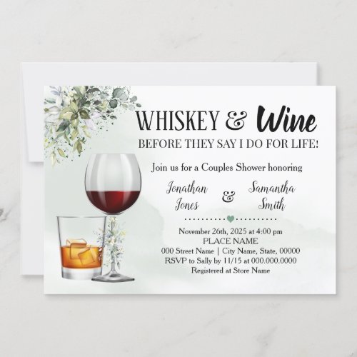 Eucalyptus greenery whiskey  wine couples shower invitation