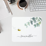 Eucalyptus greenery white bee name mouse pad<br><div class="desc">A chic white background. Decorated with watercolored eucalyptus greenery, foliage and a cute, happy smiling bee. Personalize and add your name. The name is written with a modern hand lettered style script with swashes. To keep the swashes only delete the sample name, leave the spaces or emoji's in front and...</div>