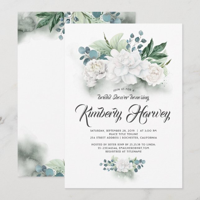 Eucalyptus Greenery White Floral Bridal Shower Invitation (Front/Back)