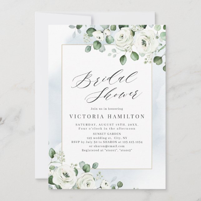 Eucalyptus greenery white floral bridal shower invitation (Front)