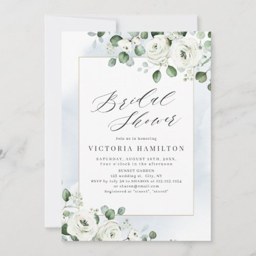 Eucalyptus greenery white floral bridal shower invitation