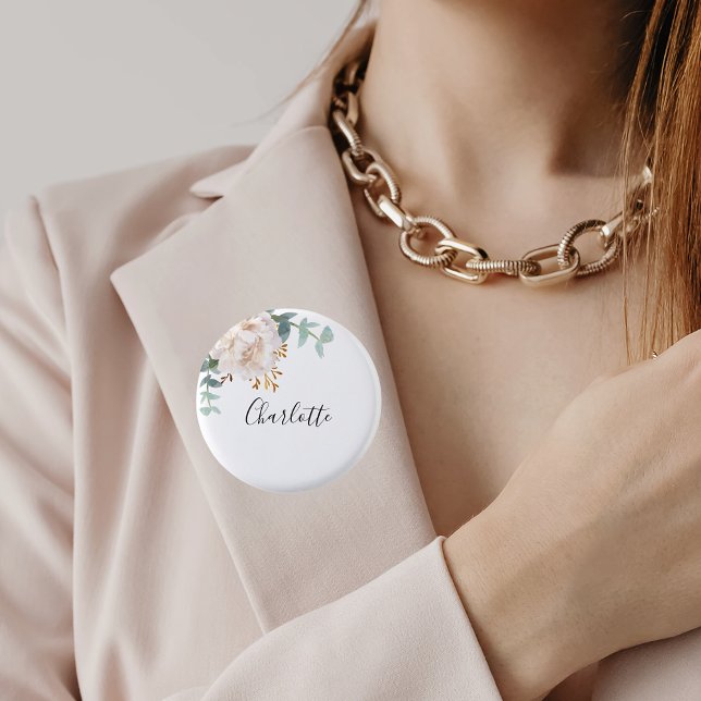 Eucalyptus greenery white floral name tag button (Creator Uploaded)