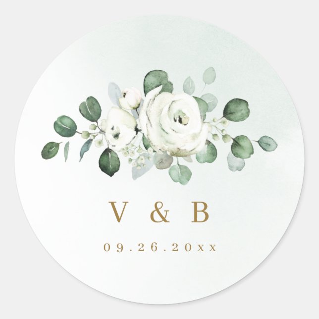 Eucalyptus Greenery white floral rustic monogram Classic Round Sticker (Front)