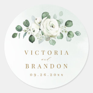 Eucalyptus Greenery white floral rustic monogram Classic Round Sticker