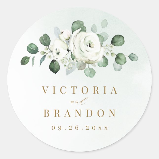Eucalyptus Greenery white floral rustic monogram Classic Round Sticker (Front)
