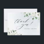 Eucalyptus greenery white floral rustic thank you card<br><div class="desc">Modern chic watercolor white floral eucalyptus greenery with trendy "thank you" script on dusty blue background,  elegant and stylish,  great thank you cards for rustic wedding,  botanical wedding and beach wedding in spring and summer. 
See all the matching pieces in collection</div>