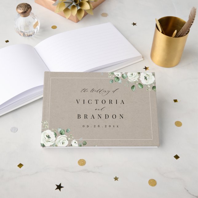 Eucalyptus Greenery white floral rustic wedding Guest Book (Front Open)