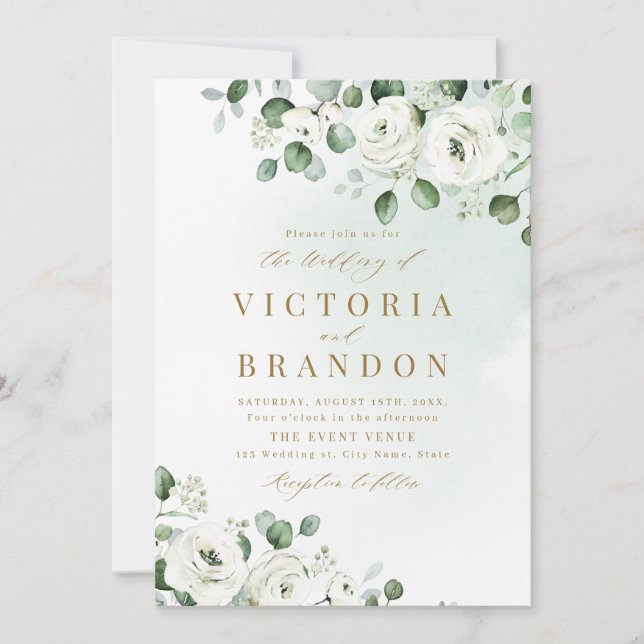 Eucalyptus greenery white floral rustic wedding invitation (Front)