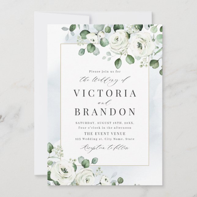 Eucalyptus greenery white floral rustic wedding invitation (Front)