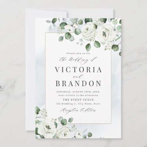 Eucalyptus greenery white floral rustic wedding invitation