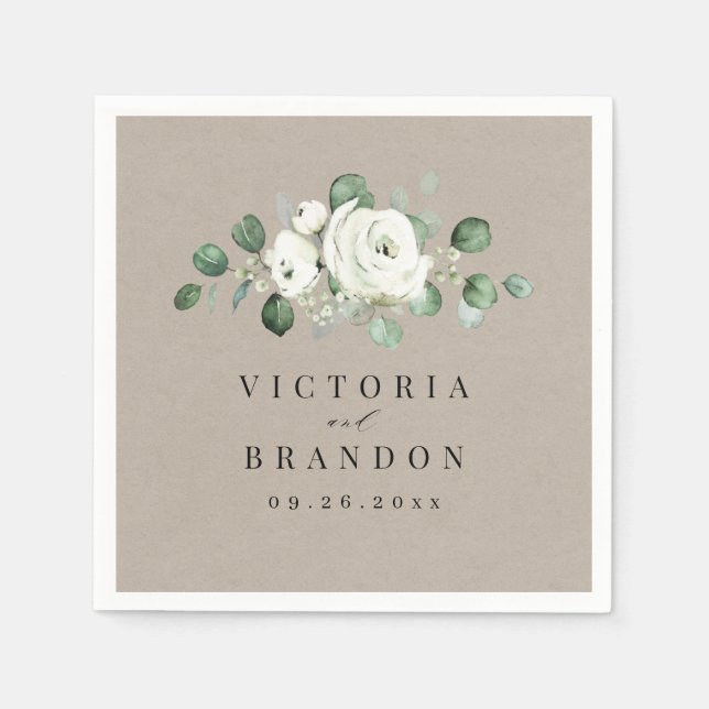 Eucalyptus Greenery white floral rustic wedding Napkins (Front)