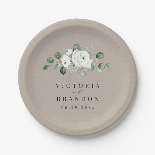 Eucalyptus Greenery white floral rustic wedding Paper Plates