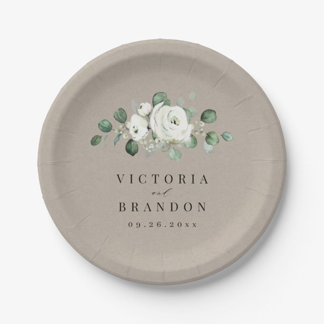 Eucalyptus Greenery white floral rustic wedding Paper Plates (Front)