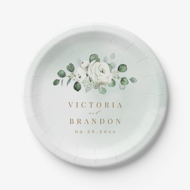 Eucalyptus Greenery white floral rustic wedding Paper Plates (Front)