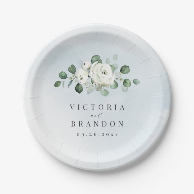 Eucalyptus Greenery white floral rustic wedding Paper Plates (Front)