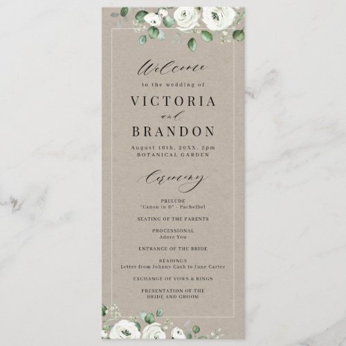 Eucalyptus Greenery white floral rustic wedding Program