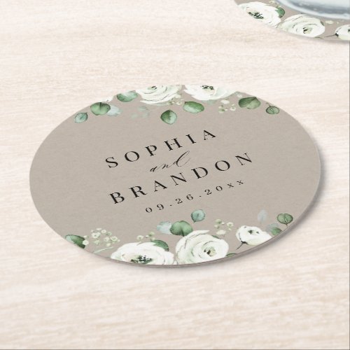 Eucalyptus Greenery white floral rustic wedding Round Paper Coaster