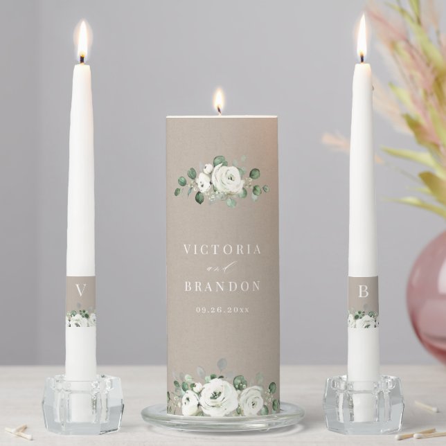 Eucalyptus greenery white floral rustic wedding unity candle set (In Situ)