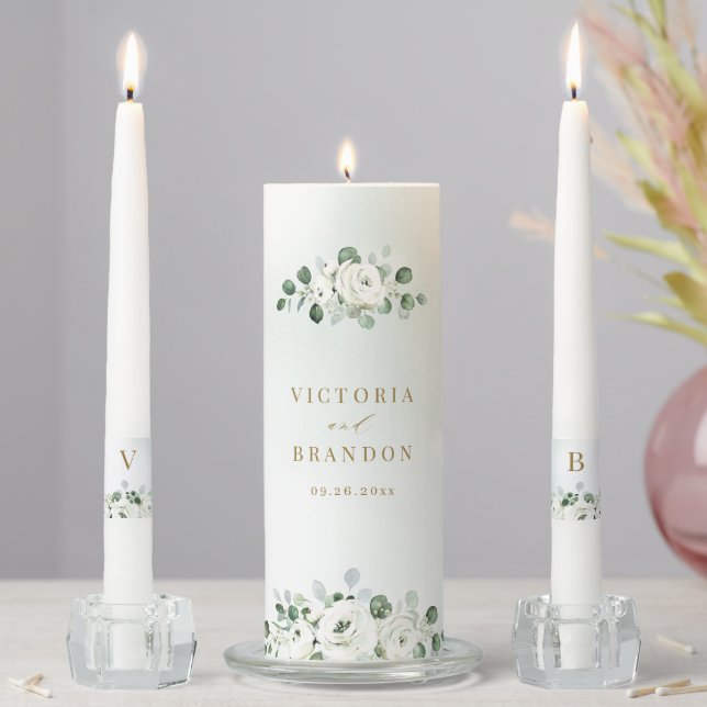 Eucalyptus greenery white floral rustic wedding unity candle set (In Situ)