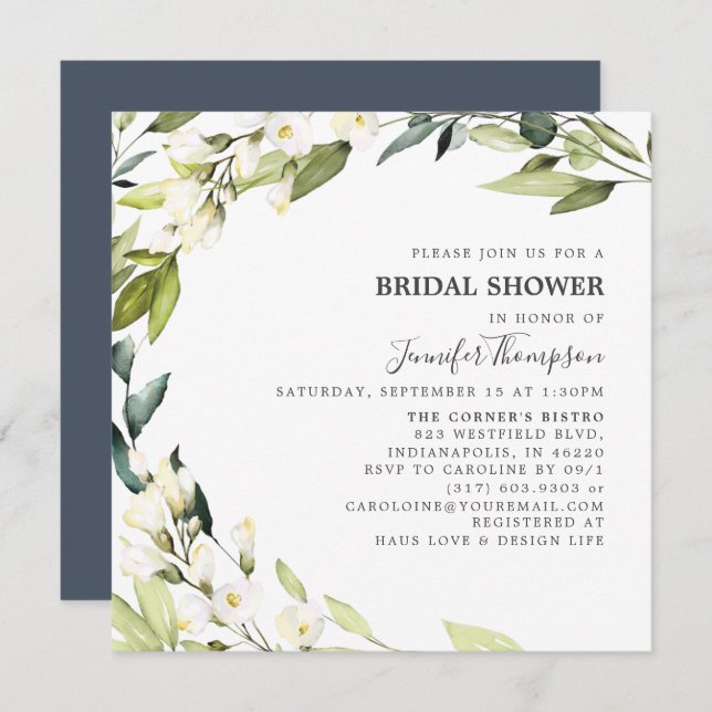 Eucalyptus Greenery White Flowers Bridal Shower Invitation (Front/Back)
