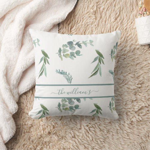 Eucalyptus greenery white green elegant name throw pillow