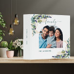 Eucalyptus greenery white name photo 3 ring binder<br><div class="desc">Personalize and add your own family photo inside an arch frame. Decorated with eucalyptus greenery and faux gold foliage.  Elegant white background.  Add your family name.  
Add your own text on the spine.</div>