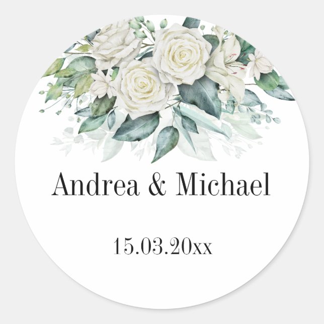 Eucalyptus greenery white roses personalized classic round sticker (Front)