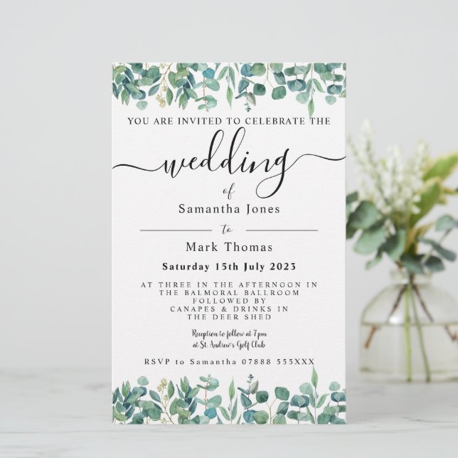 Eucalyptus Greenery White Weddin Stationery (Standing Front)