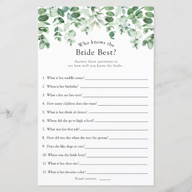 Eucalyptus Greenery Who Knows the Bride Best Game | Zazzle