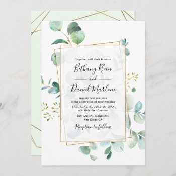 Eucalyptus Greenery With Geometric Frame Wedding Invitation by PeachBloome at Zazzle