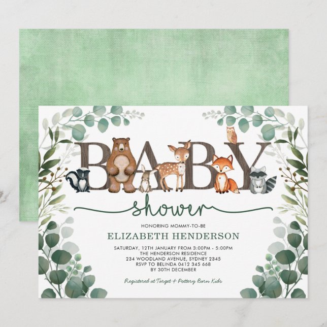 Eucalyptus Greenery Woodland Animals Baby Shower Invitation (Front/Back)