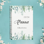 Eucalyptus greenery woodland ferns 2024 planner<br><div class="desc">A stylish white background.  Decorated with watercolored eucalyptus greenery and woodland ferns.   Add a year and your name.</div>