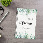 Eucalyptus greenery woodland ferns 2025 planner<br><div class="desc">A stylish white background.  Decorated with watercolored eucalyptus greenery and woodland ferns.   Add a year and your name.</div>