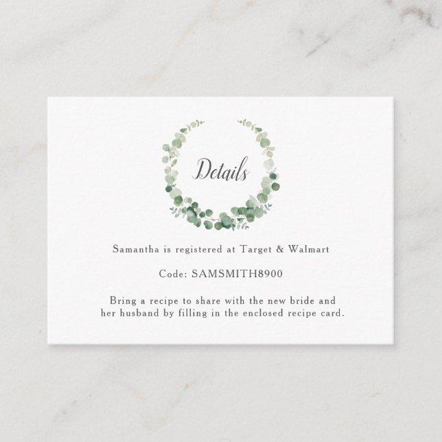 Eucalyptus Greenery Wreath Bridal Shower Details  Enclosure Card (Front)