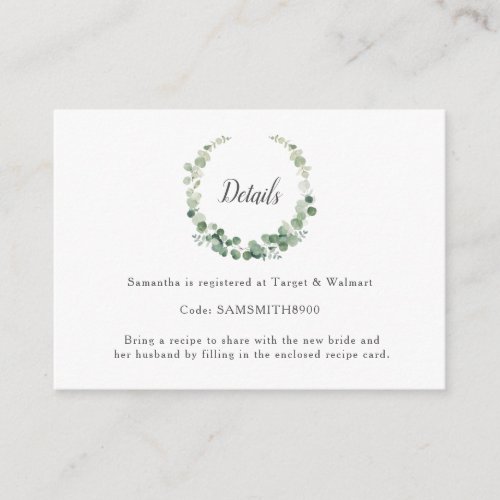 Eucalyptus Greenery Wreath Bridal Shower Details  Enclosure Card