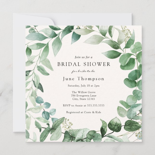 Eucalyptus Greenery Wreath Bridal Shower Invitation (Front)