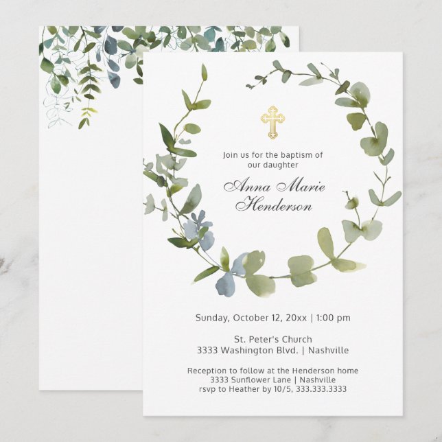 Eucalyptus Greenery Wreath Cross Baptism Invitation (Front/Back)