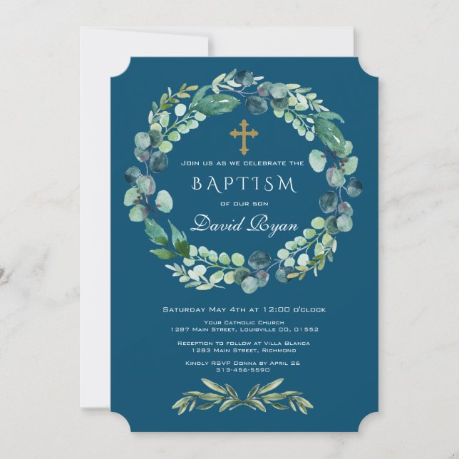 Eucalyptus Greenery Wreath Cross Boy Blue Baptism Invitation (Front)