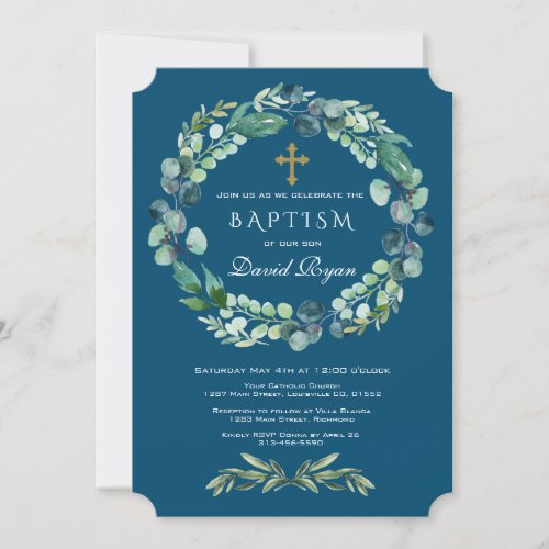 Eucalyptus Greenery Wreath Cross Boy Blue Baptism Invitation