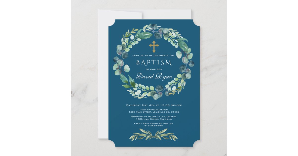 Eucalyptus Greenery Wreath Cross Boy Blue Baptism Invitation | Zazzle