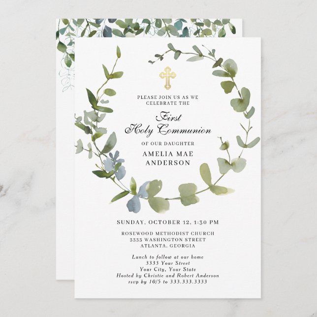 Eucalyptus Greenery Wreath Cross Holy Communion Invitation (Front/Back)