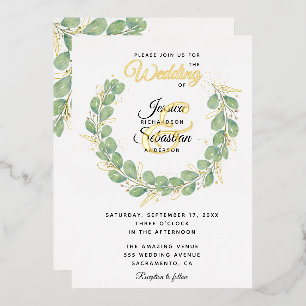 Eucalyptus Greenery Wreath Gold White Wedding Foil Invitation
