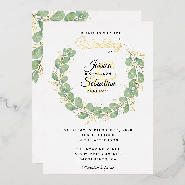 Eucalyptus Greenery Wreath Gold White Wedding Foil Invitation (Front/Back)