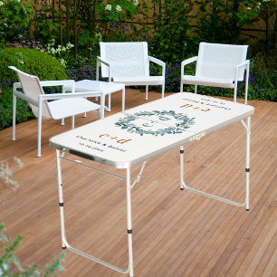 Eucalyptus greenery wreath monogram wedding  beer pong table